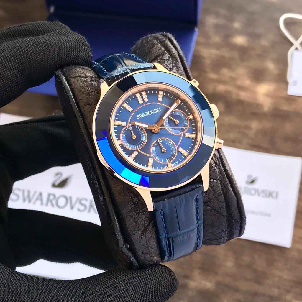 Swarovski Octea Lux Chrono Blue Dial Blue Leather Strap Watch For Women