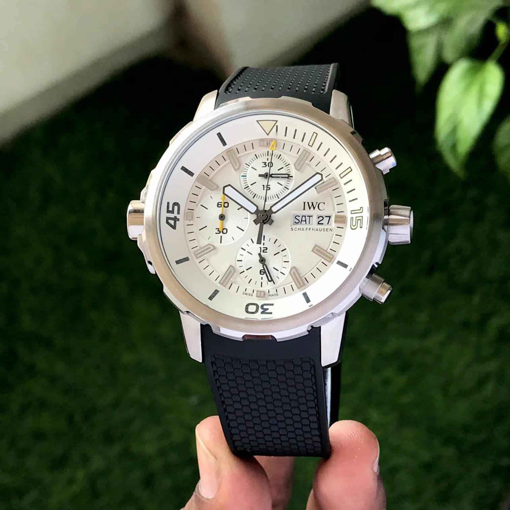 IWC Aquatimer Chronograph’s Day Date White Dial Black Belt Mens Watch