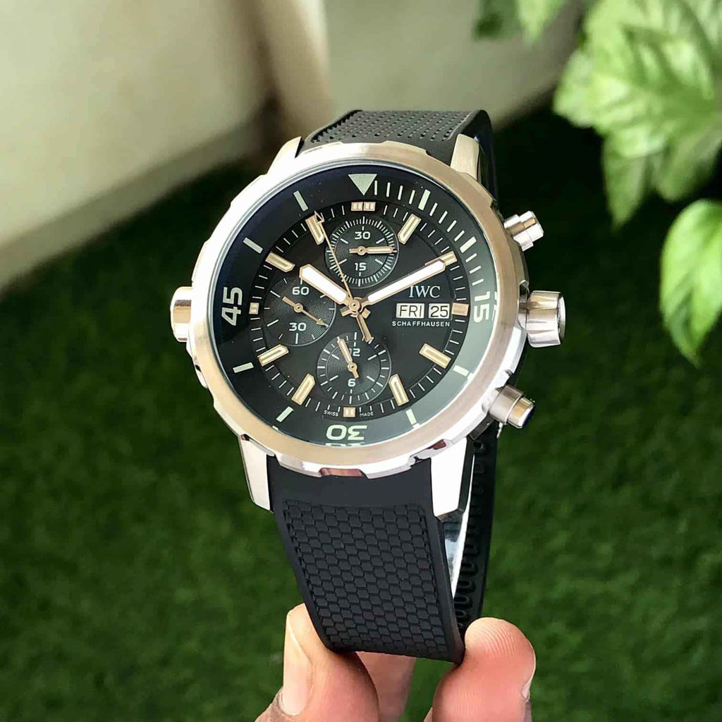 IWC Aquatimer Chronograph’s Day Date Black Dial Black Belt Men’s Watch