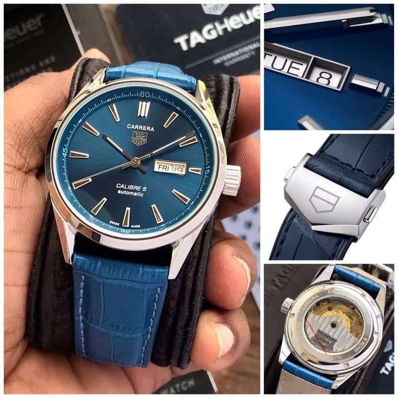 Tag Heuer Grand Carrera Calibre 5 Day Date Blue Dial & Blue Leather Strap Swiss Japanese Automatic Machinery Mens Watch