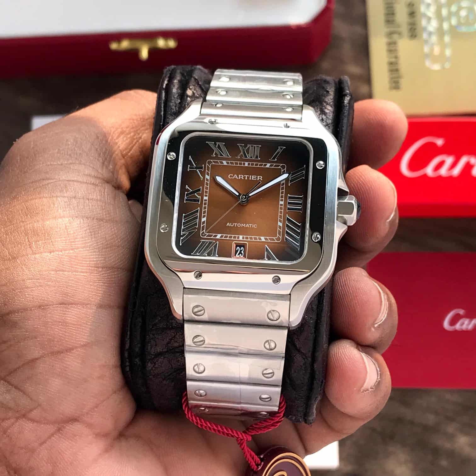 Cartier Santos De Silver Brown Swiss ETA Movement Automatic Men’s Watch