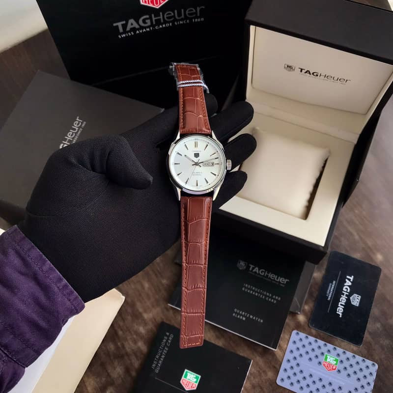 Tag Heuer Grand Carrera Calibre 5 Day Date White & Silver Dial & Brown Leather Strap Swiss Japanese Automatic Machinery Mens Watch