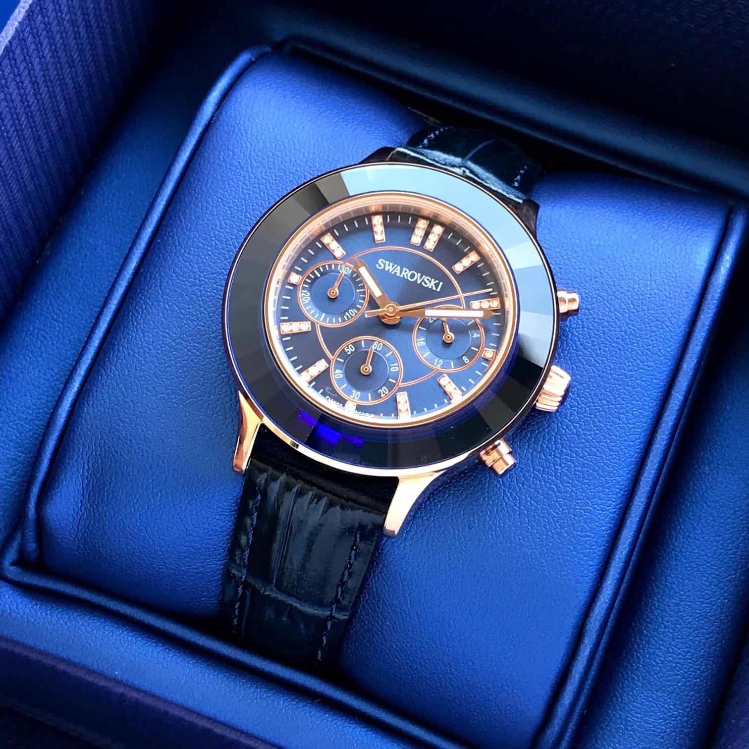 Swarovski Octea Lux Chrono Blue Dial Blue Leather Strap Watch For Women