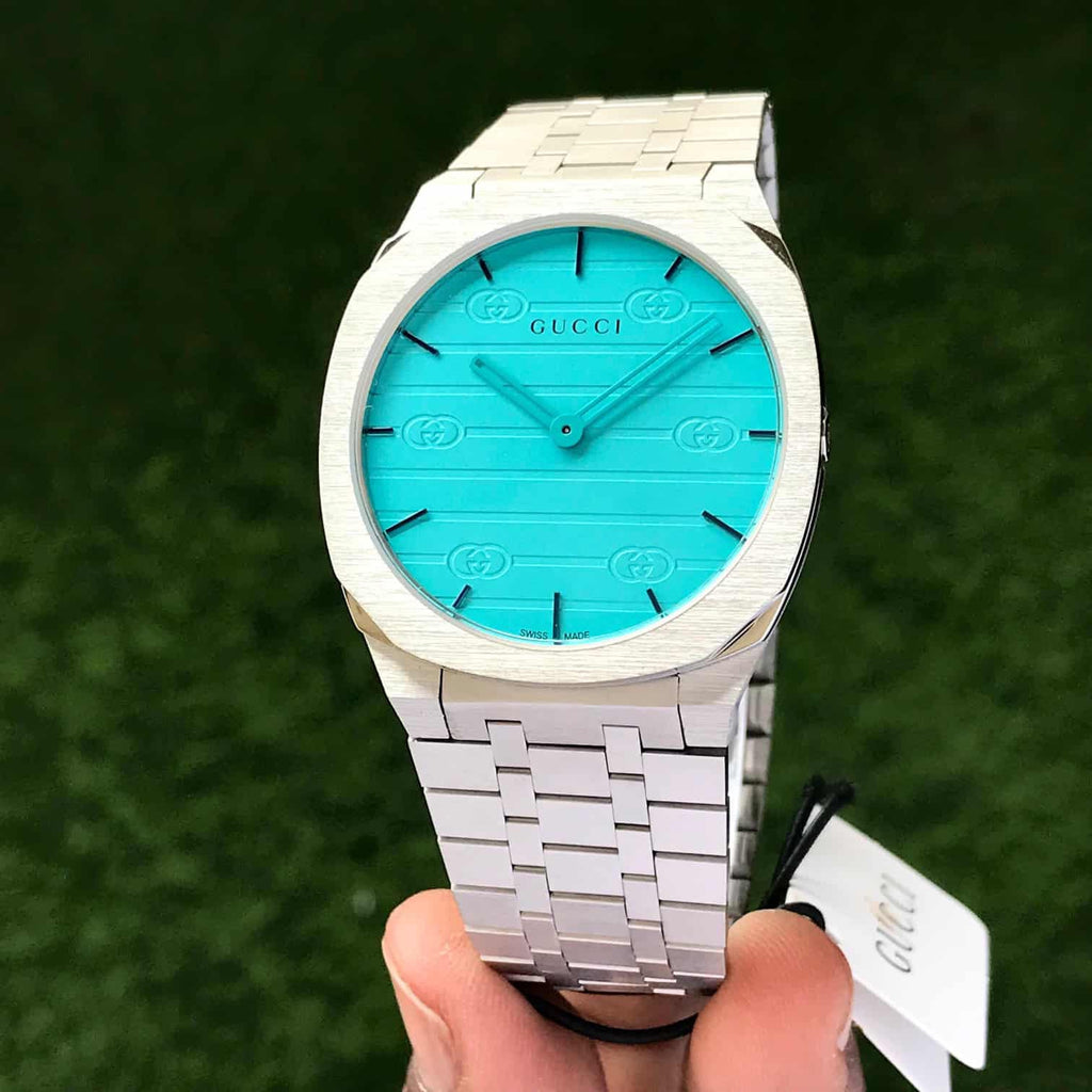 GUCCI 25H 38mm Stainless Steel Quartz Ocean Blue Dial Mens Watch