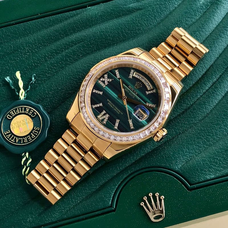 Exclusive Rolex Day Date Golden Green Dial & Diamond Basel Japanese Automatic Watch