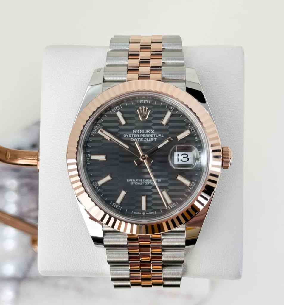 Rolex Datejust 41 Silver Fluted Motif Index Steel & Rose Gold Jubli Chain Swiss ETA Men’s Watch