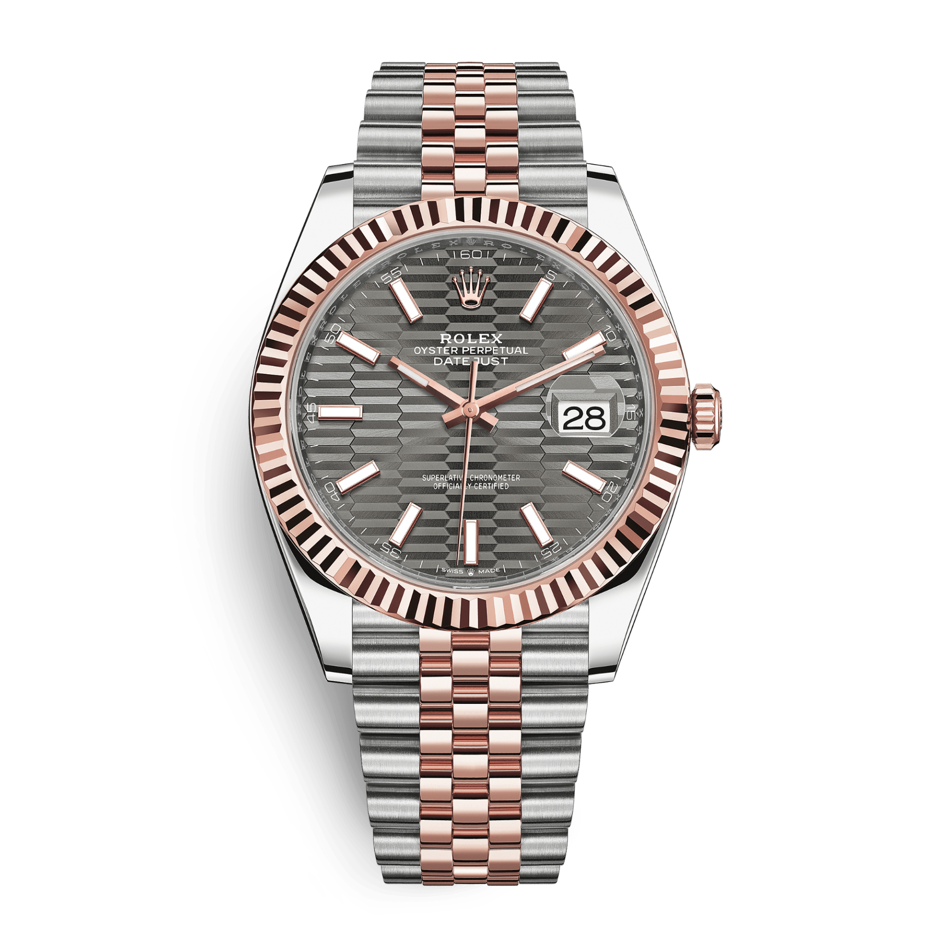 Rolex Datejust 41 Silver Fluted Motif Index Steel & Rose Gold Jubli Chain Swiss ETA Men’s Watch
