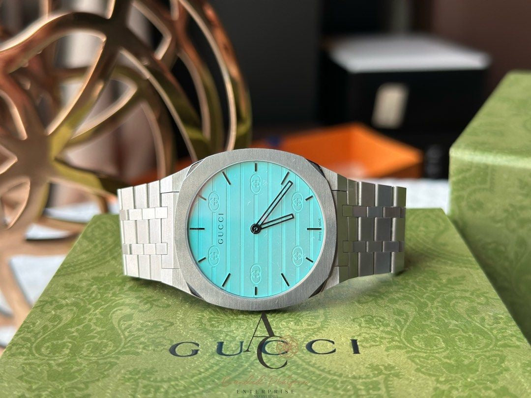 GUCCI 25H 38mm Stainless Steel Quartz Ocean Blue Dial Mens Watch