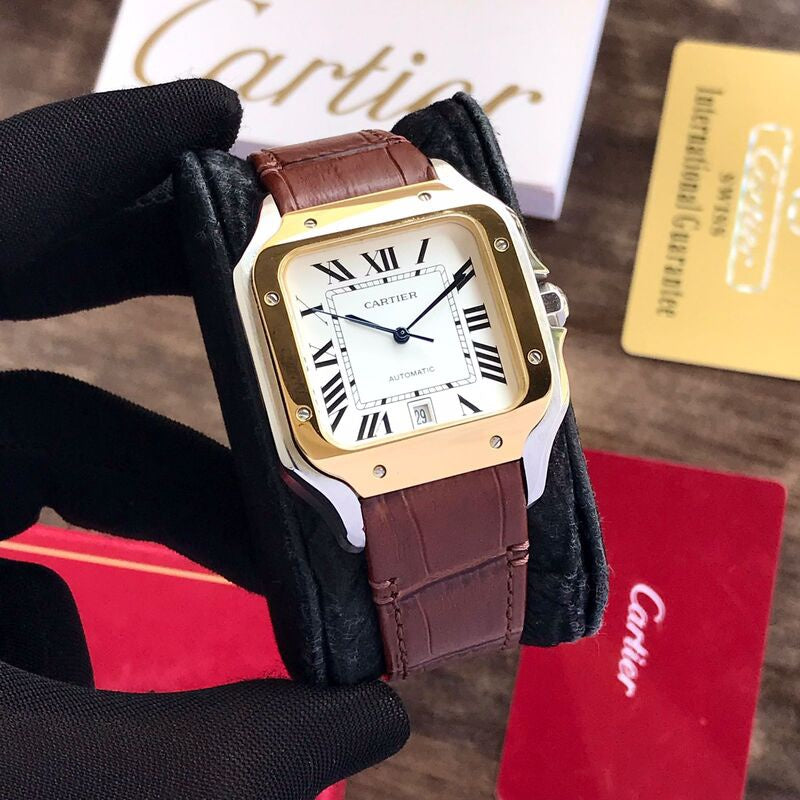 Cartier Santos De Automatic Brown Leather Strap Mens Automatic Watch