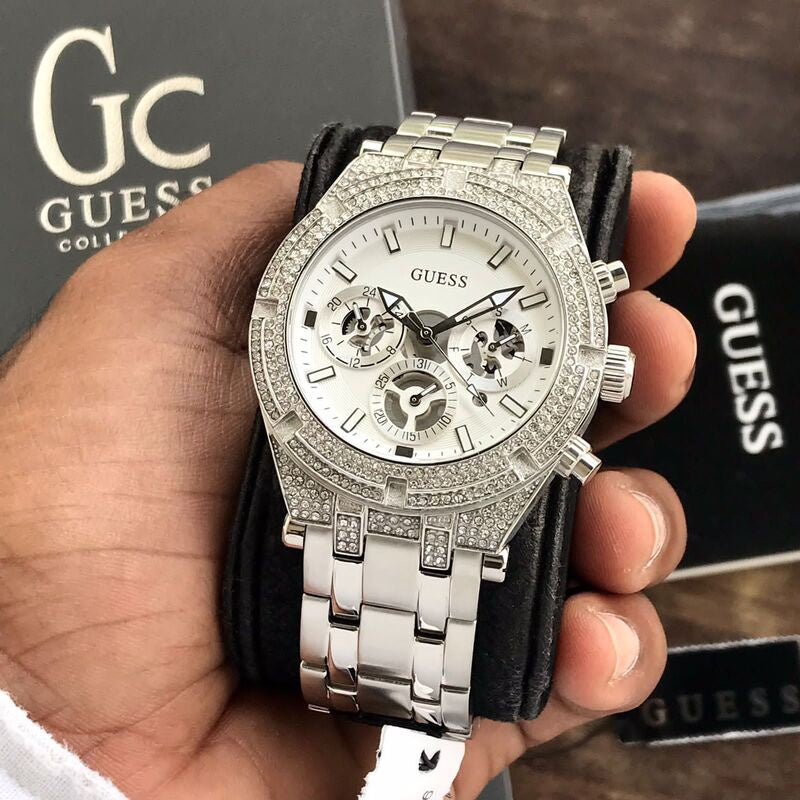 Guess Silver-Tone Exposed Dial Multifunction Mens Watch