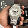 Guess Silver-Tone Exposed Dial Multifunction Mens Watch