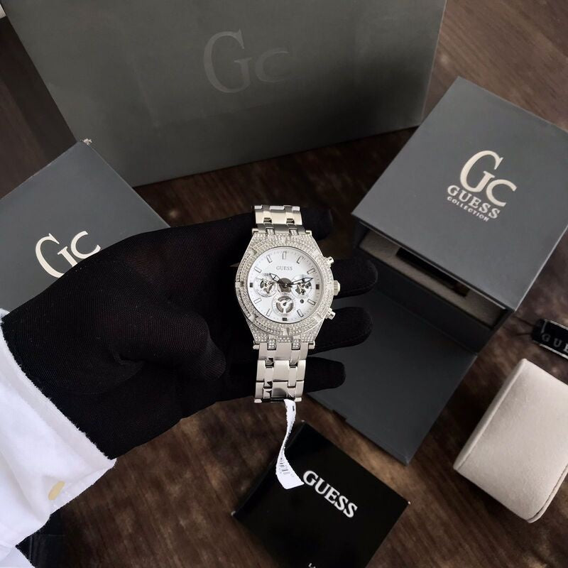 Guess Silver-Tone Exposed Dial Multifunction Mens Watch