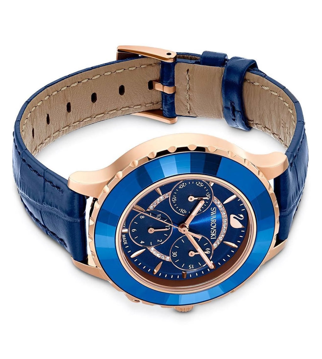 Swarovski Octea Lux Chrono Blue Dial Blue Leather Strap Watch For Women