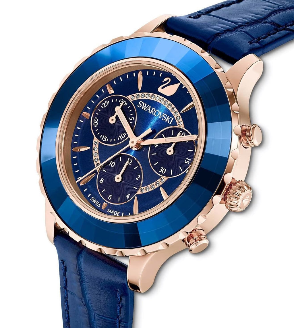 Swarovski Octea Lux Chrono Blue Dial Blue Leather Strap Watch For Women