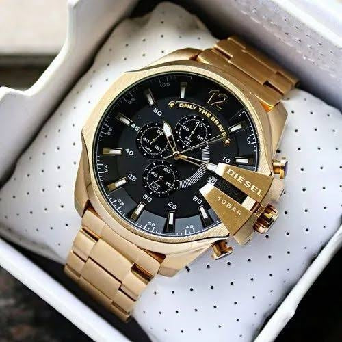 Diesel Mega Chief Full Gold & Black Dial Chronograph Mens Watch