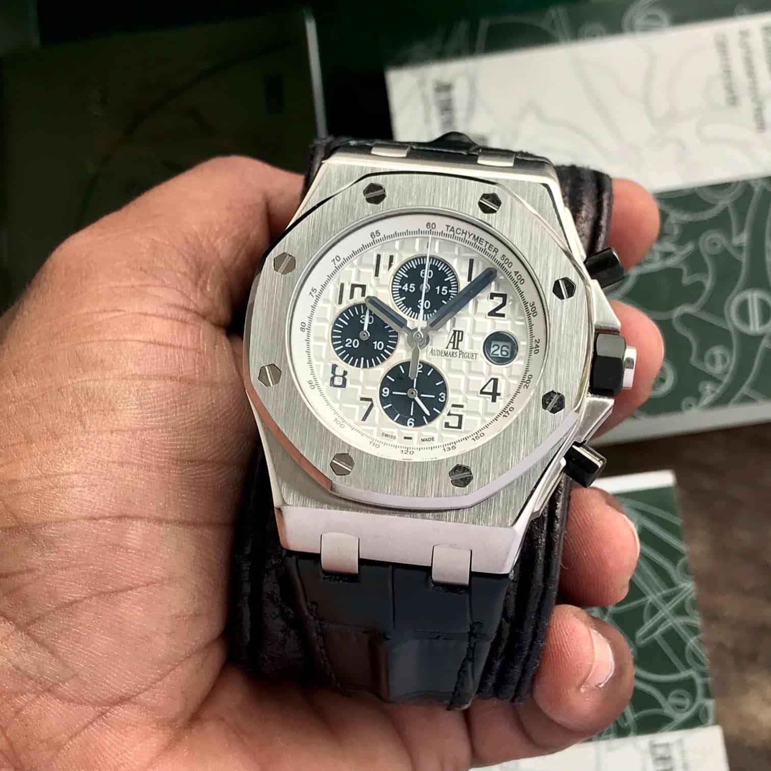 Audemars Piguet Offshore Chronograph Watch with Black Leather Strap and White Dial for Men - Therealtime