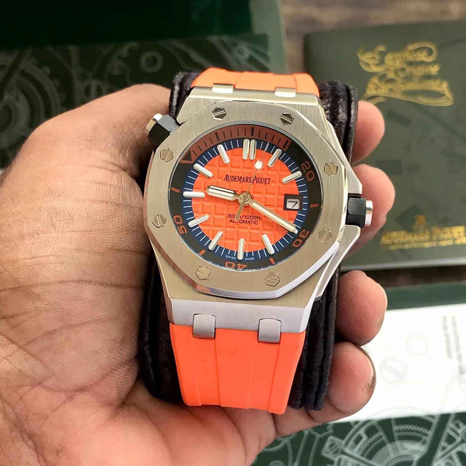 Audemars Piguet Royal Oak Offshore Stainless Steel Orange Dial Automatic Mens Watch - Therealtime