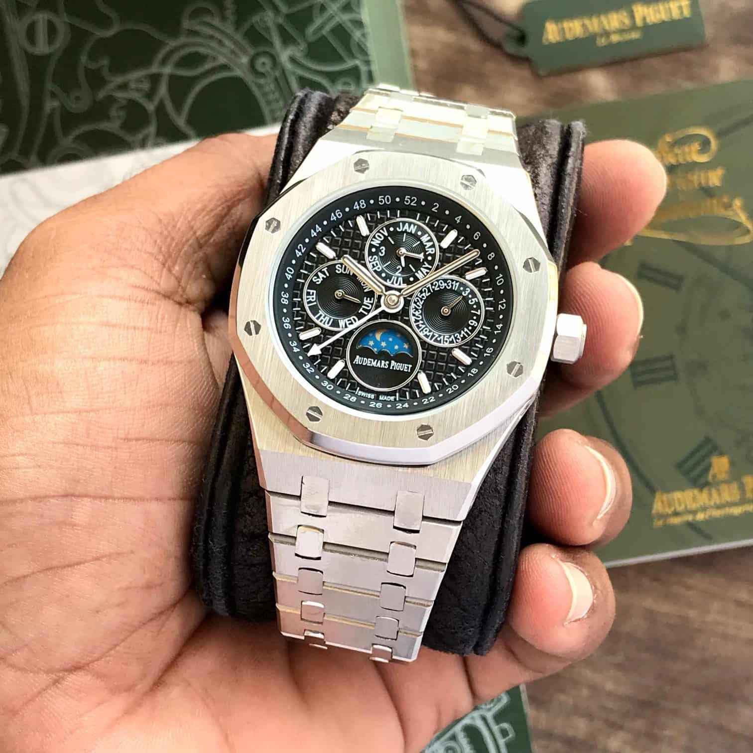 Audemars Piguet Perpetual Calendar Open Worked Silver Black Dial Automatic Mens Watch - Therealtime