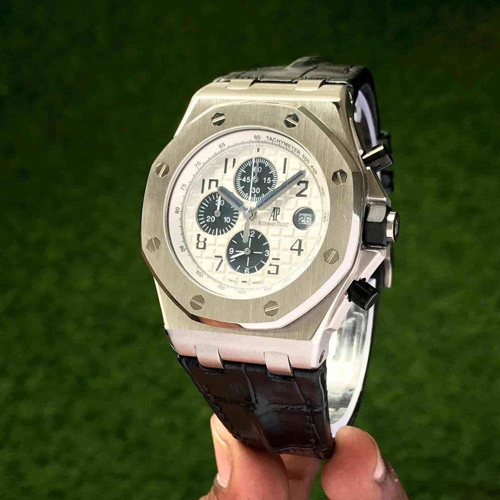 Audemars Piguet Offshore Chronograph Watch with Black Leather Strap and White Dial for Men - Therealtime