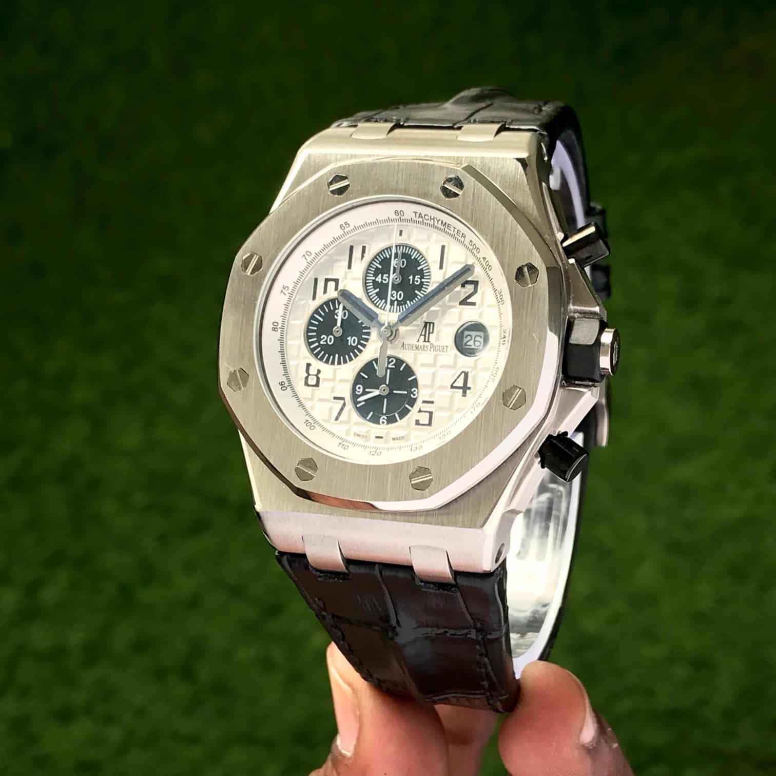 Audemars Piguet Offshore Chronograph Watch with Black Leather Strap and White Dial for Men - Therealtime