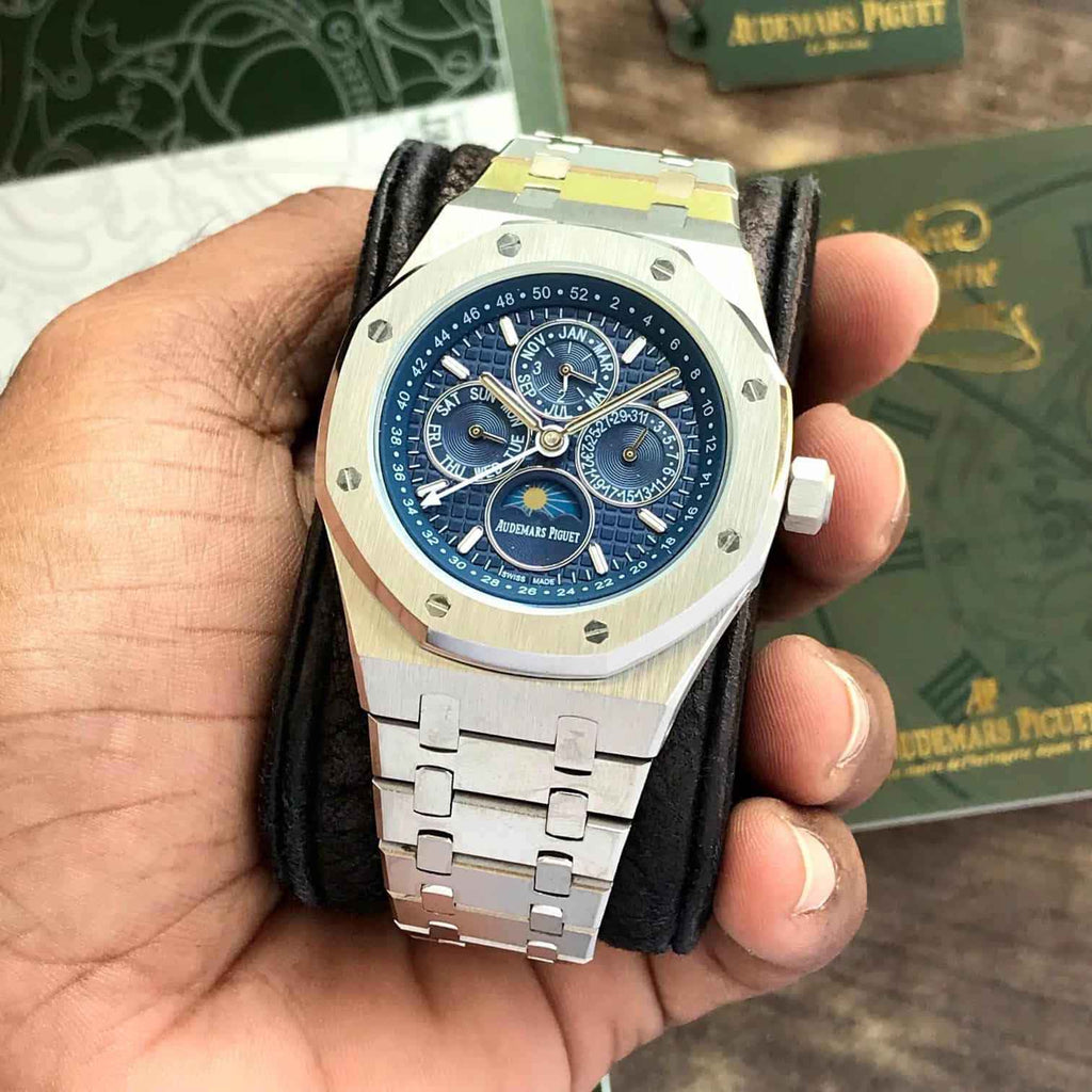 Audemars Piguet Perpetual Calendar Open Worked Silver Blue Dial Automatic Mens Watch - Therealtime