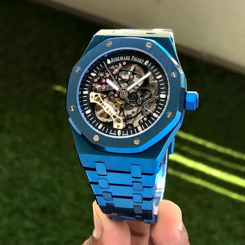 Audemars Piguet Royal Oak Double Balance Wheel Open worked Full Blue Skeleton Dial Automatic Mens Watch - Therealtime