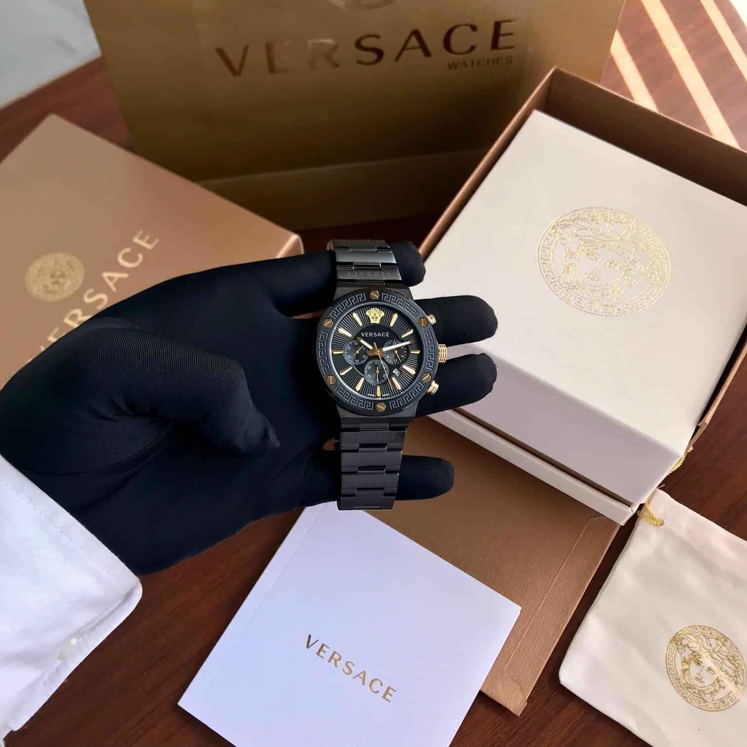 Versace Greca Logo Japanese Full Black Quartz Mens Watch