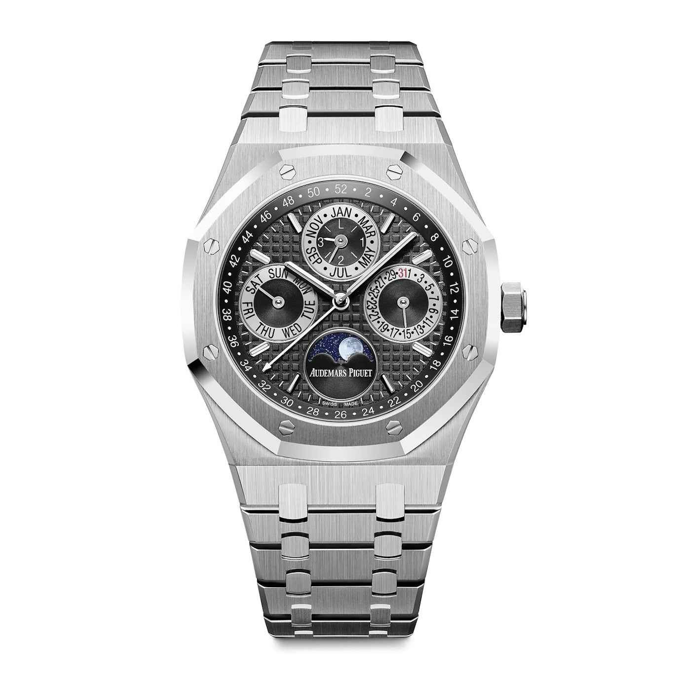 Audemars Piguet Perpetual Calendar Open Worked Silver Black Dial Automatic Mens Watch - Therealtime