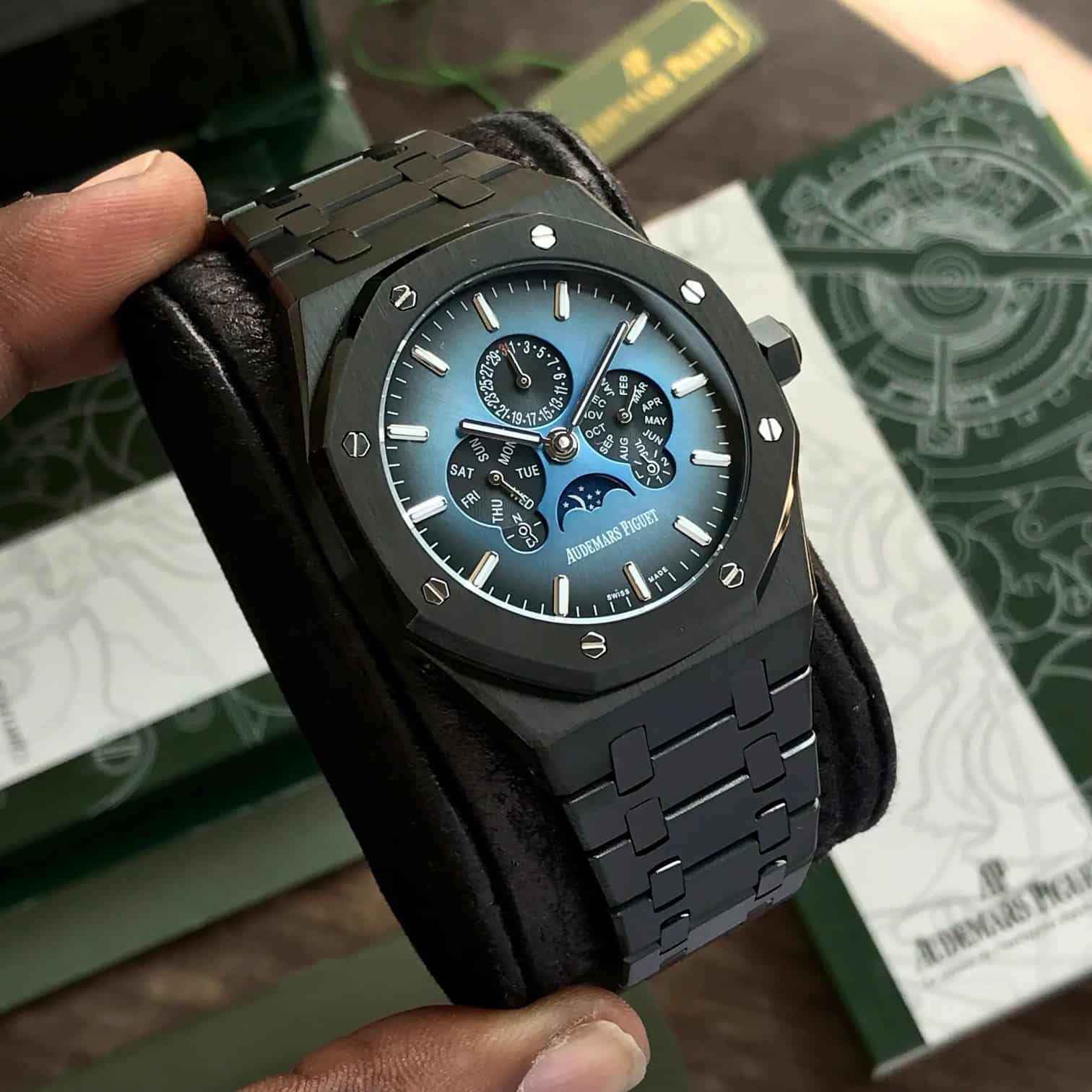 Audemars Piguet Royal Oak Perpetual Calendar Ultra Thin Black Blue Dial Automatic Mens Watch