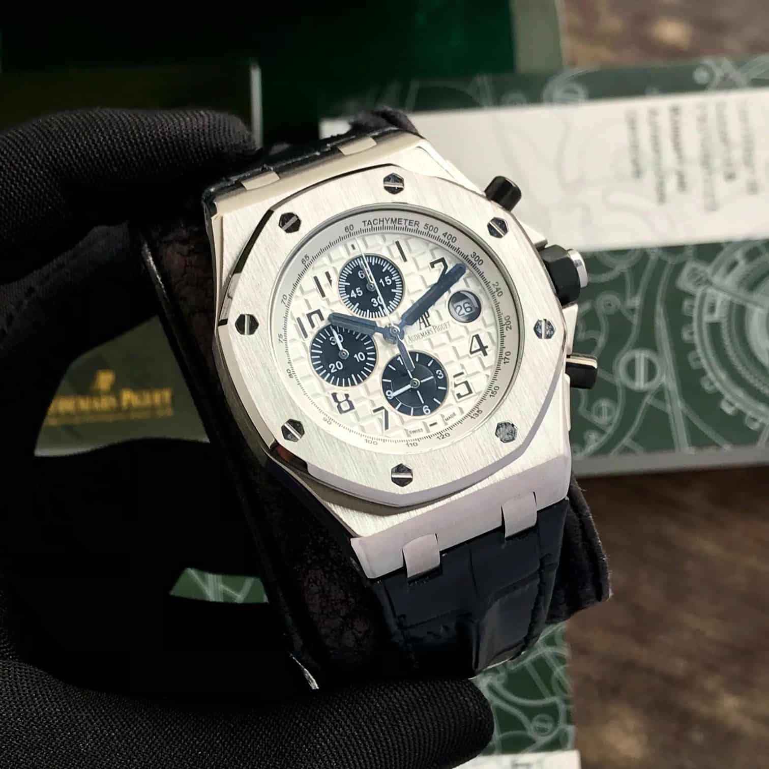 Audemars Piguet Offshore Chronograph Watch with Black Leather Strap and White Dial for Men - Therealtime