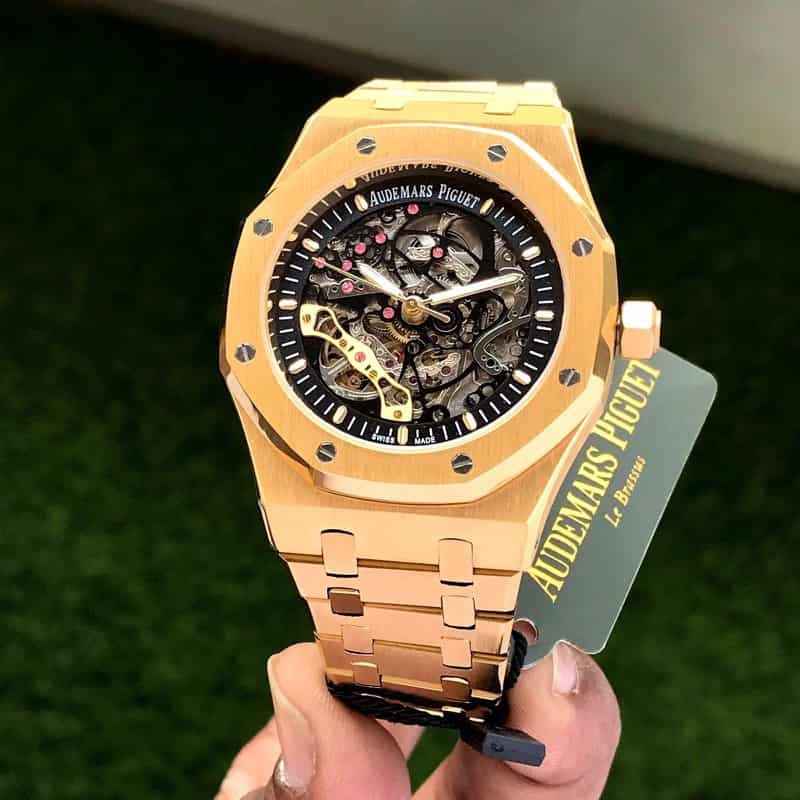 Audemars Piguet Royal Oak Double Balance Wheel Open worked Full Gold Skeleton Dial Automatic Mens Watch - Therealtime