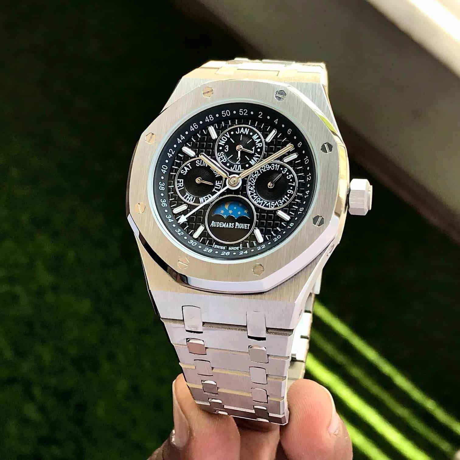 Audemars Piguet Perpetual Calendar Open Worked Silver Black Dial Automatic Mens Watch - Therealtime