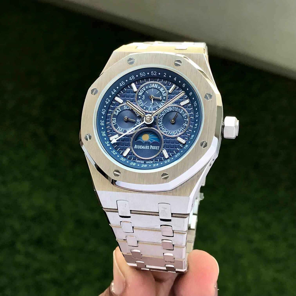 Audemars Piguet Perpetual Calendar Open Worked Silver Blue Dial Automatic Mens Watch - Therealtime