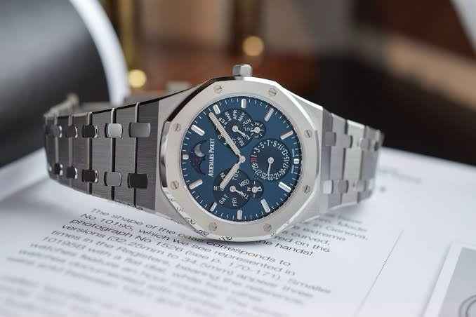 Audemars Piguet Royal Oak 41 Perpetual Calendar Ultra-Thin Silver Blue Dial Automatic Mens Watch - Therealtime