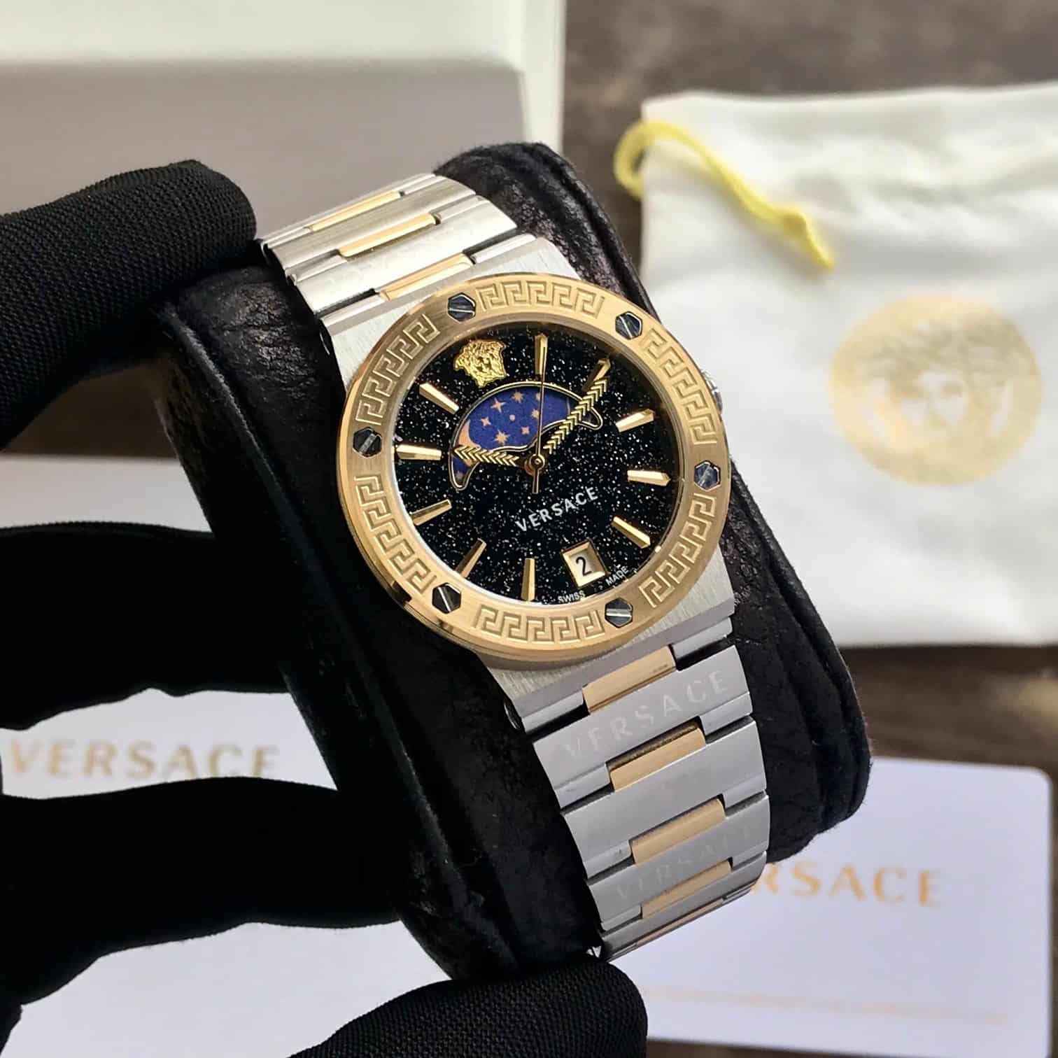 VERSACE VE7G00223 GRECA LOGO Moon Phase Two Tone Analog Womens Watch