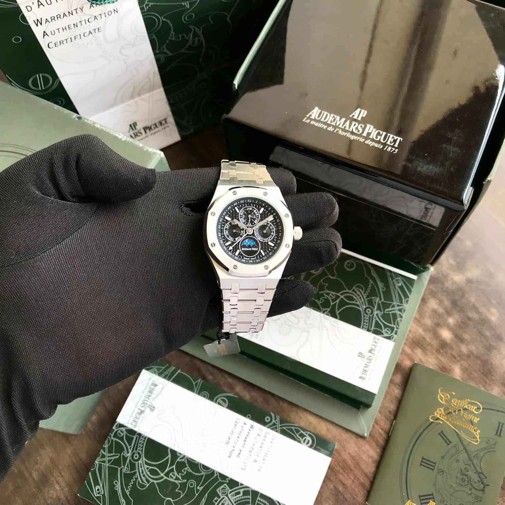 Audemars Piguet Perpetual Calendar Open Worked Silver Black Dial Automatic Mens Watch - Therealtime