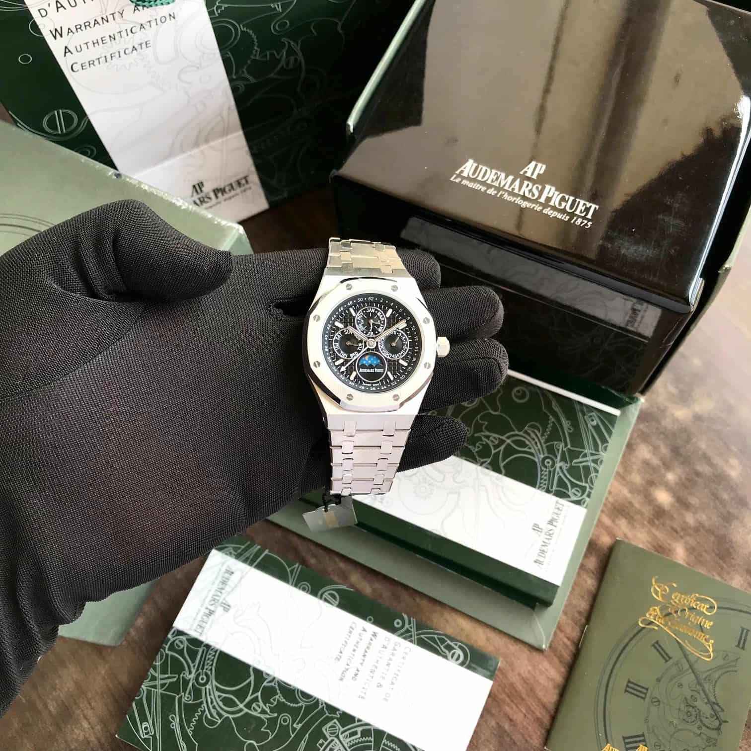 Audemars Piguet Perpetual Calendar Open Worked Silver Black Dial Automatic Mens Watch - Therealtime