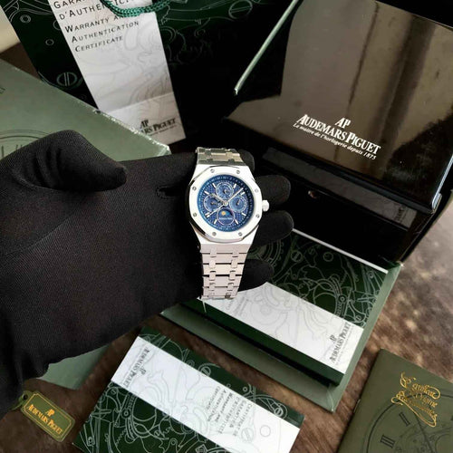 Audemars Piguet Perpetual Calendar Open Worked Silver Blue Dial Automatic Mens Watch - Therealtime