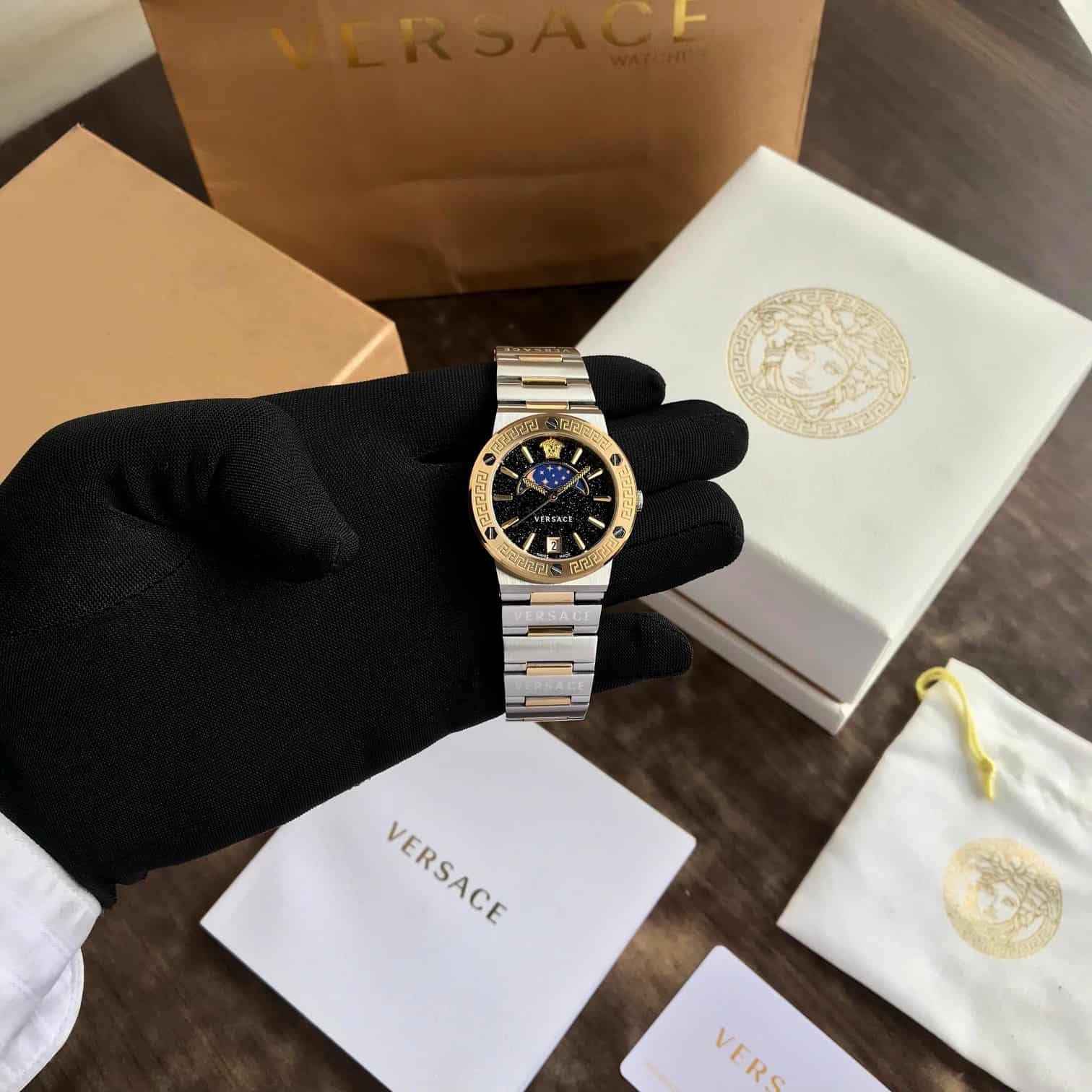 VERSACE VE7G00223 GRECA LOGO Moon Phase Two Tone Analog Womens Watch